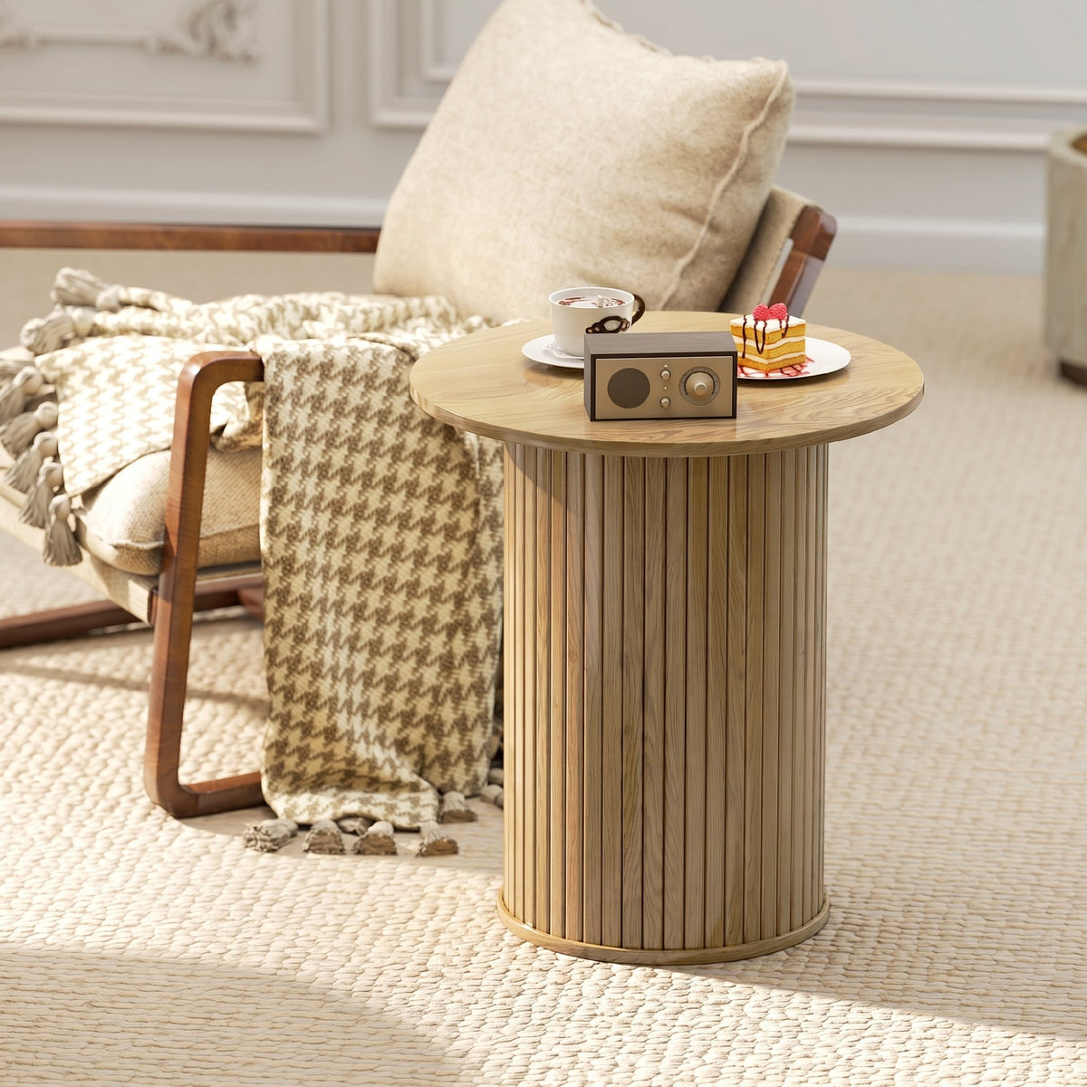 Table d'appoint ronde Ø 48 cm, table basse avec pieds cannelés pour salon, chambre ou petit espace, chêne