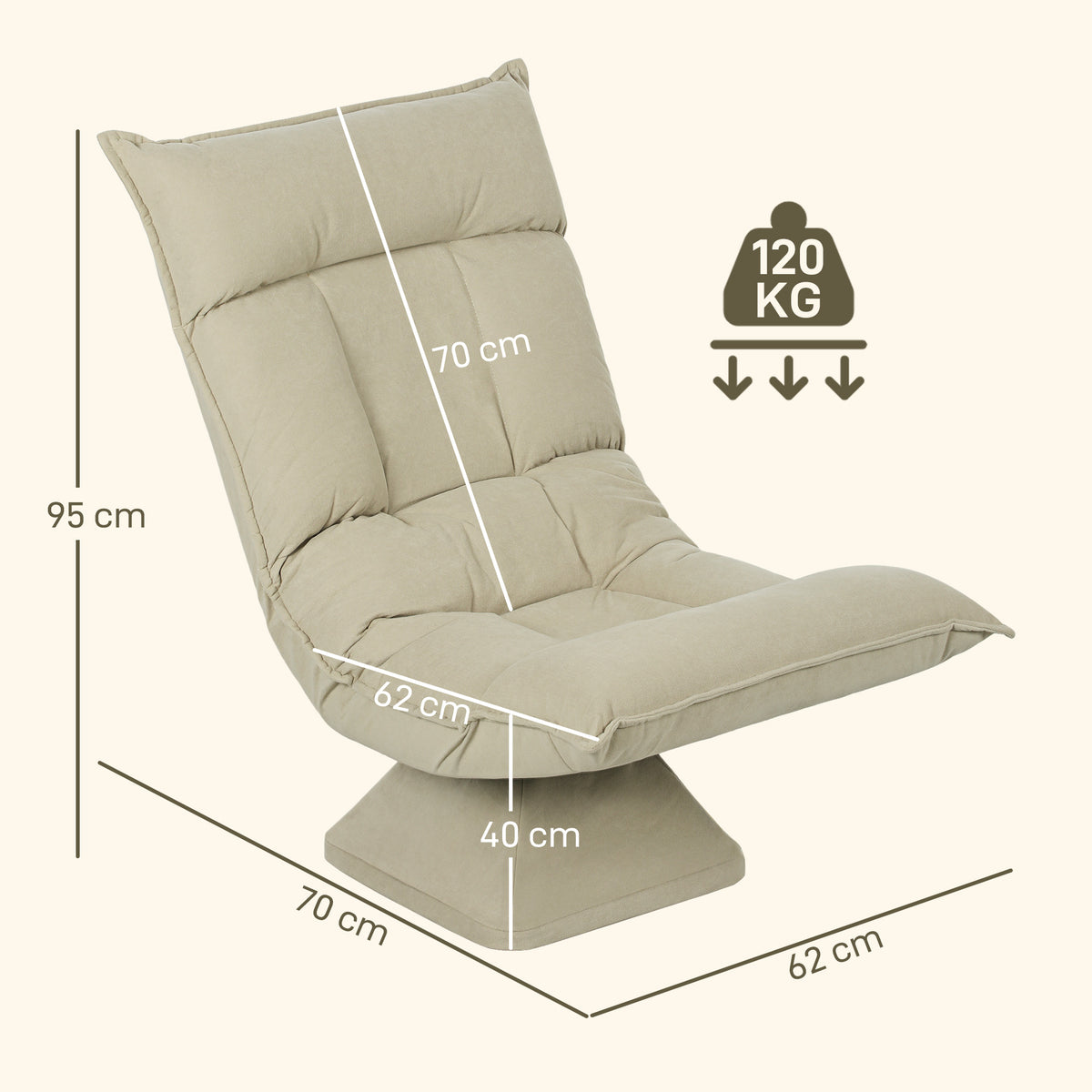 Chaise de sol pivotante à 360°, fauteuil pliable en velours avec dossier réglable 5 positions, 70x62x95cm, beige