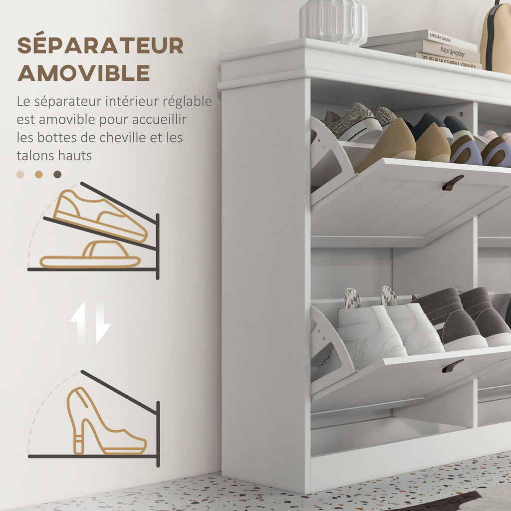 Meuble à chaussures 20 paires, armoire à chaussures, 4 tiroirs rabattables, étagères réglables, 105x24x82,5cm, blanc