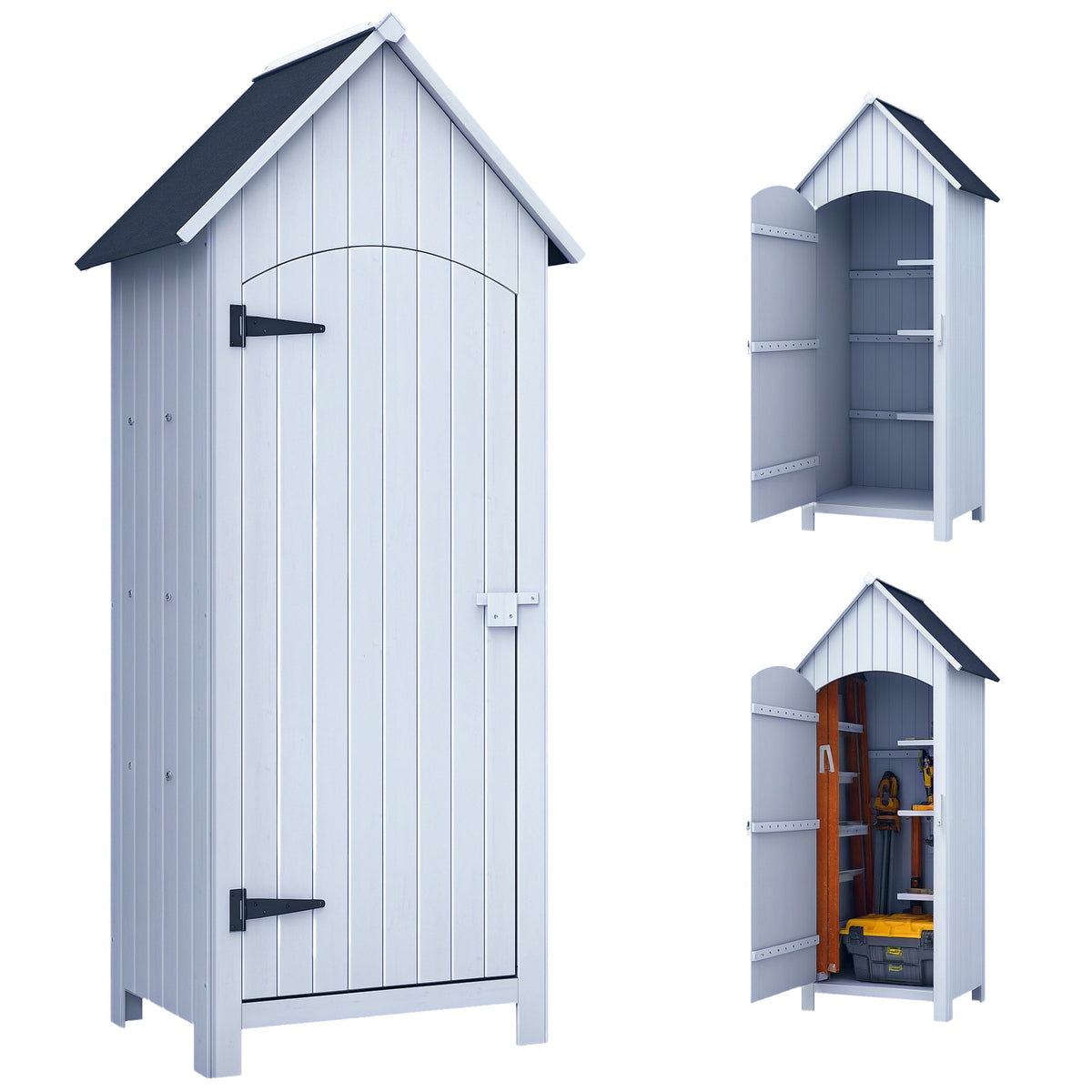 Abri de jardin en bois cabane de jardin exterieur armoire de jardin avec toit bitumé 3 étagères porte avec loquet rangement et stockage extérieurs pour terrasse 77,5 x 54,2 x 179,5 cm blanc