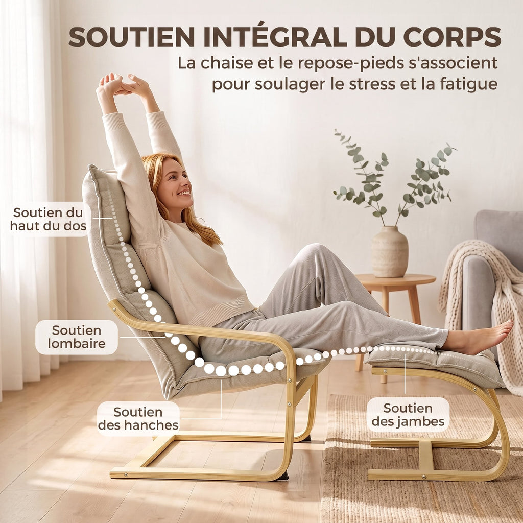 Fauteuil de Salon avec Repose-Pied, Fauteuil d'Appoint en Lin, Assise Large, Dossier Haut, Bascule Douce, Beige
