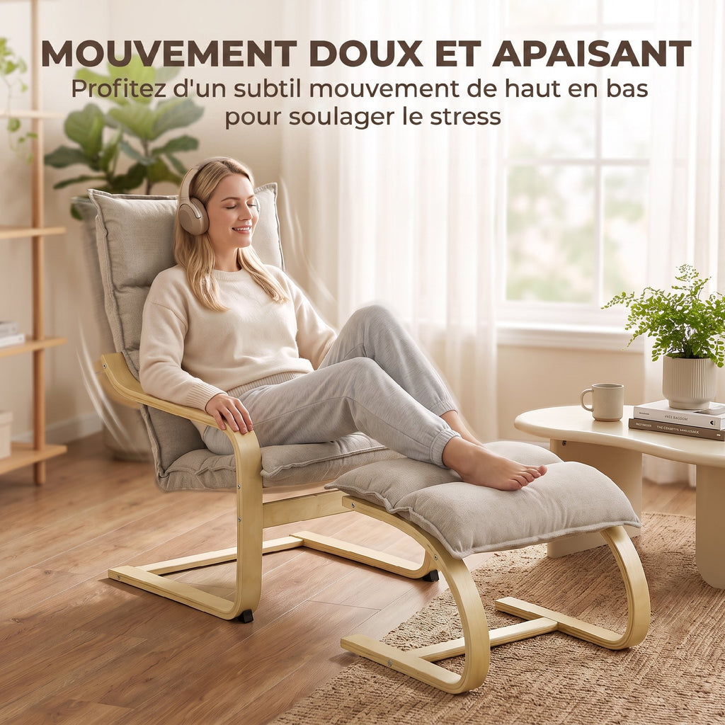 Fauteuil de Salon avec Repose-Pied, Fauteuil d'Appoint en Lin, Assise Large, Dossier Haut, Bascule Douce, Beige