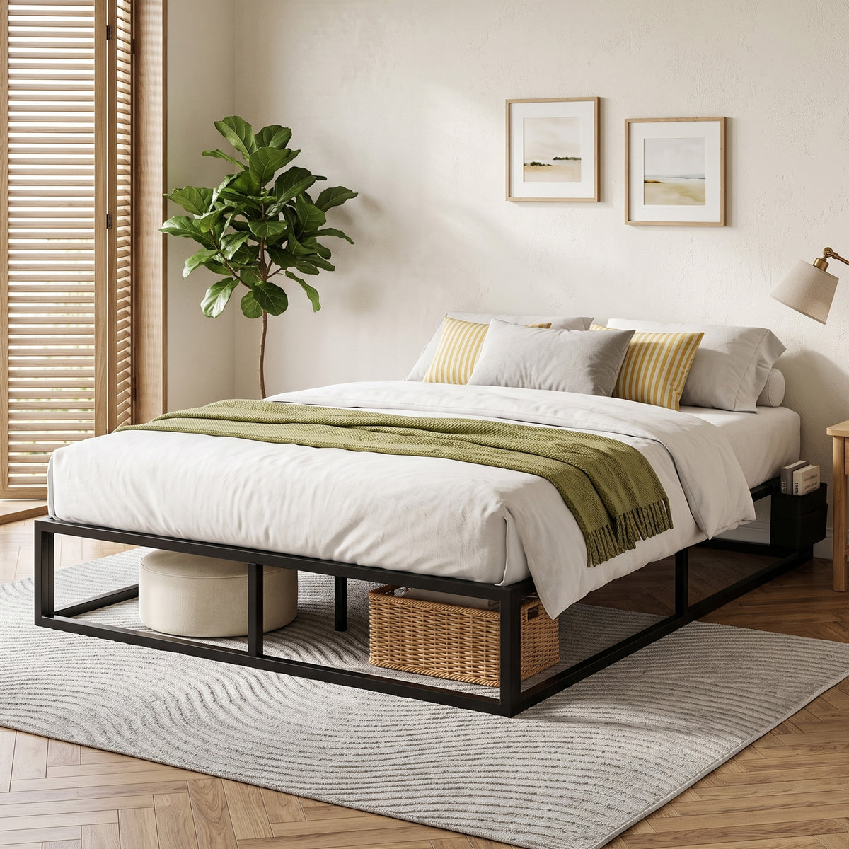 Cadre de Lit 140 x 190 cm avec Sommier, Lit Double avec Pochette de Rangement, Support à Lattes en Bois, Noir