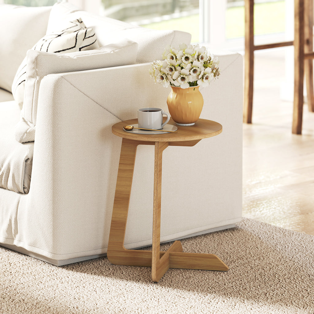 Table d'Appoint en Forme C, Plateau Rond Ø 36 cm, Table Basse Moderne, Compact, Montage par Clipsage, Effet Bois Naturel