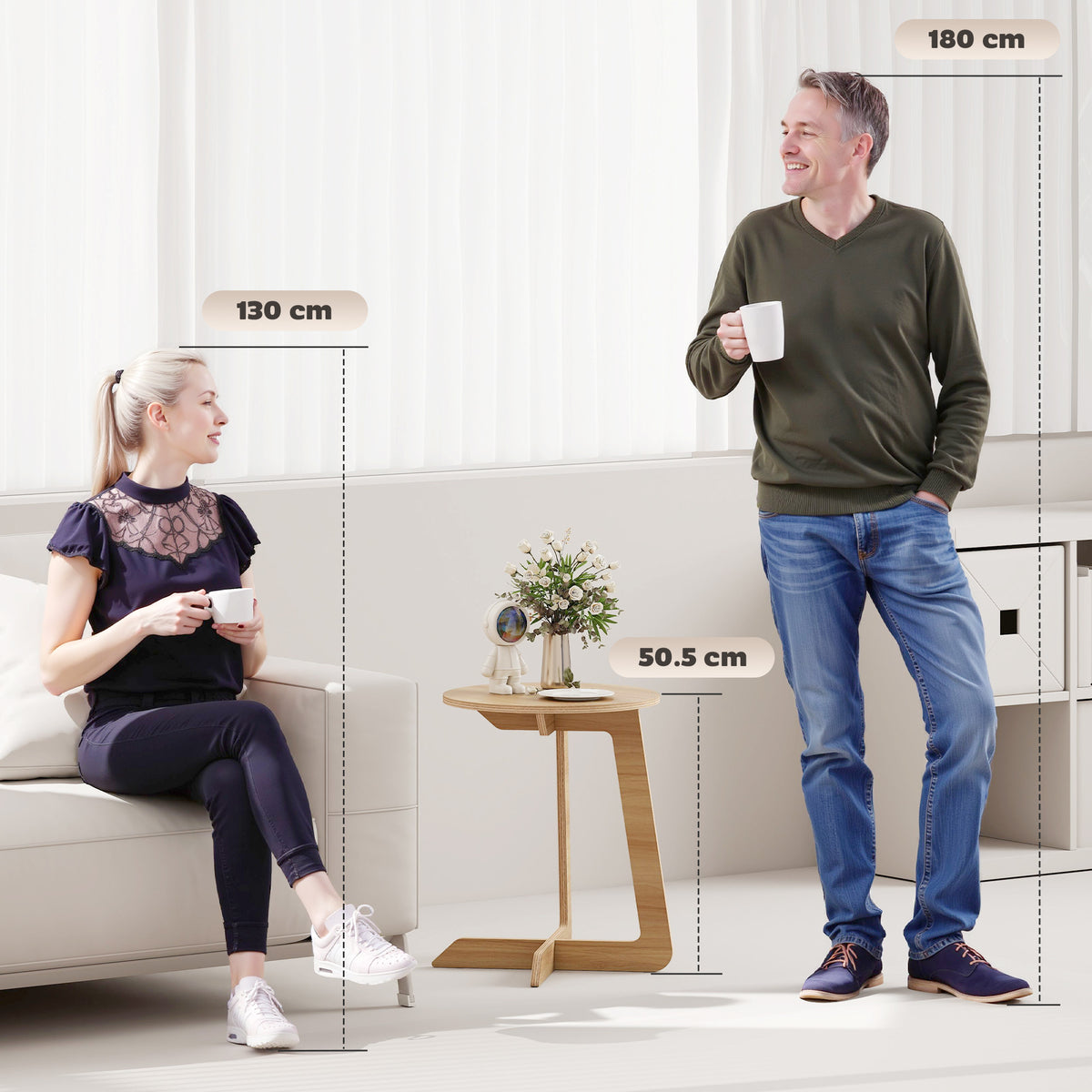 Table d'Appoint en Forme C, Plateau Rond Ø 36 cm, Table Basse Moderne, Compact, Montage par Clipsage, Effet Bois Naturel