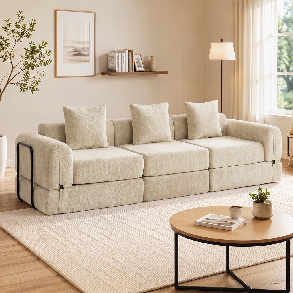 Canapé-Lit Pliable 245 cm, Canapé Compressé 3 Places Modulaire en Chenille avec Assise large, 3 Coussins, Beige