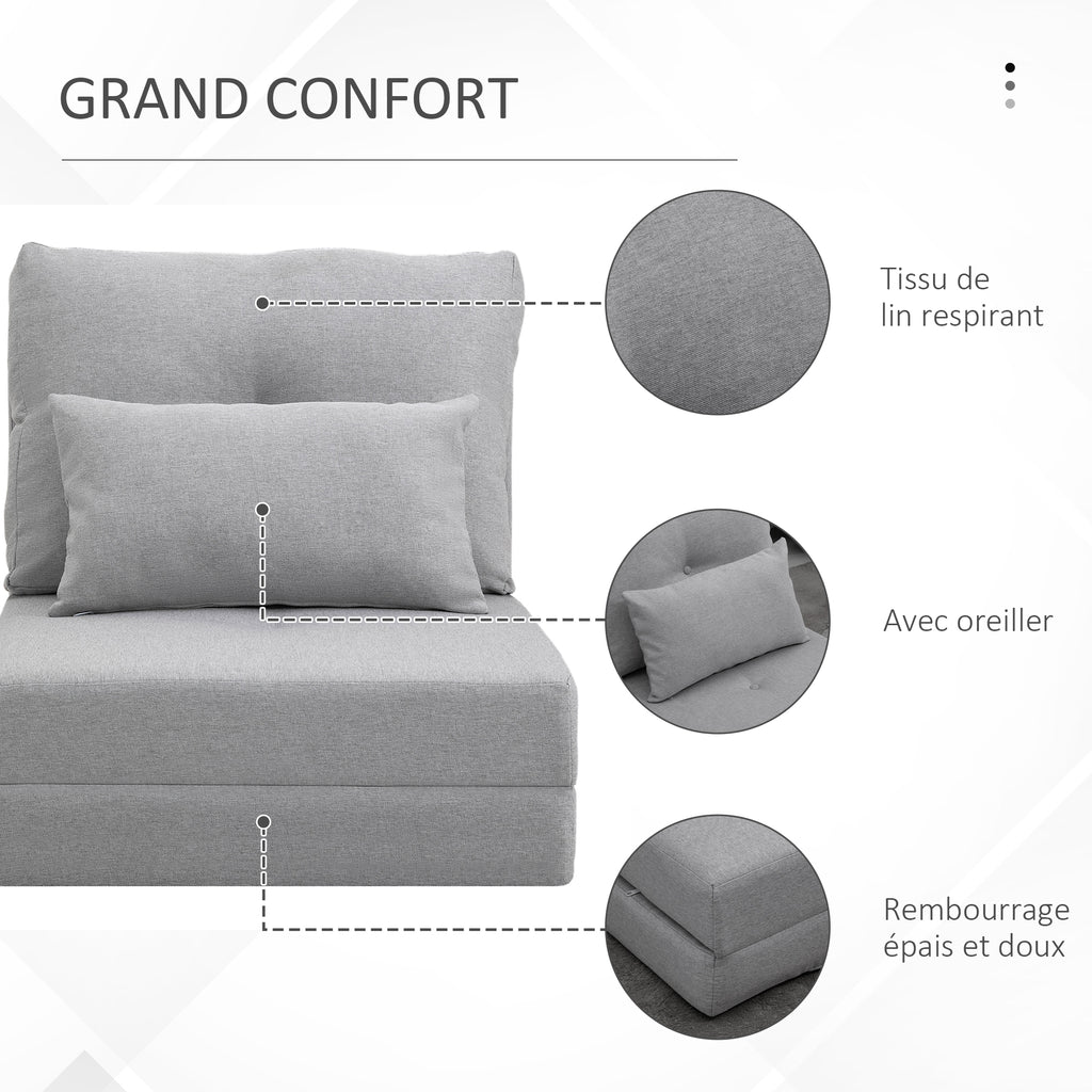Chauffeuse canapé-lit convertible fauteuil 1 place avec 1 coussin avec dossier réglable, gris clair