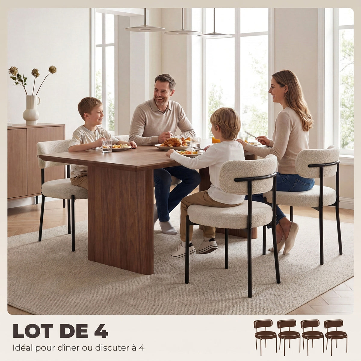 Lot de 4 Chaises Salle à Manger Chaises de Cuisine Rembourrées en Tissu Bouclette Dossier Incurvé Pieds en Acier Beige