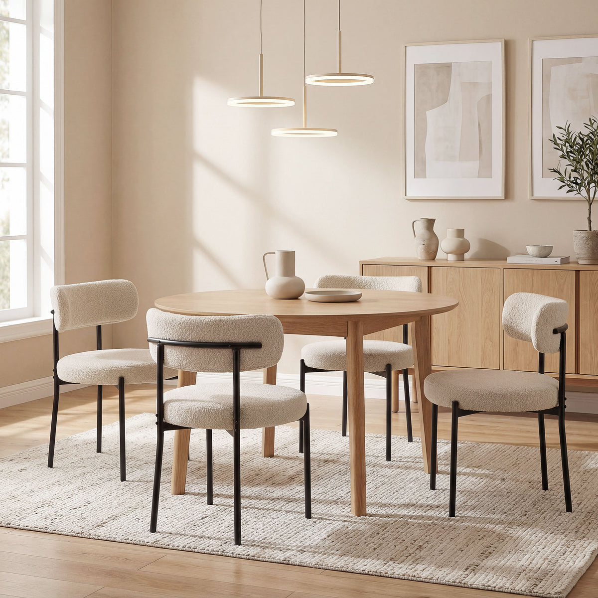 Lot de 4 Chaises Salle à Manger Chaises de Cuisine Rembourrées en Tissu Bouclette Dossier Incurvé Pieds en Acier Beige