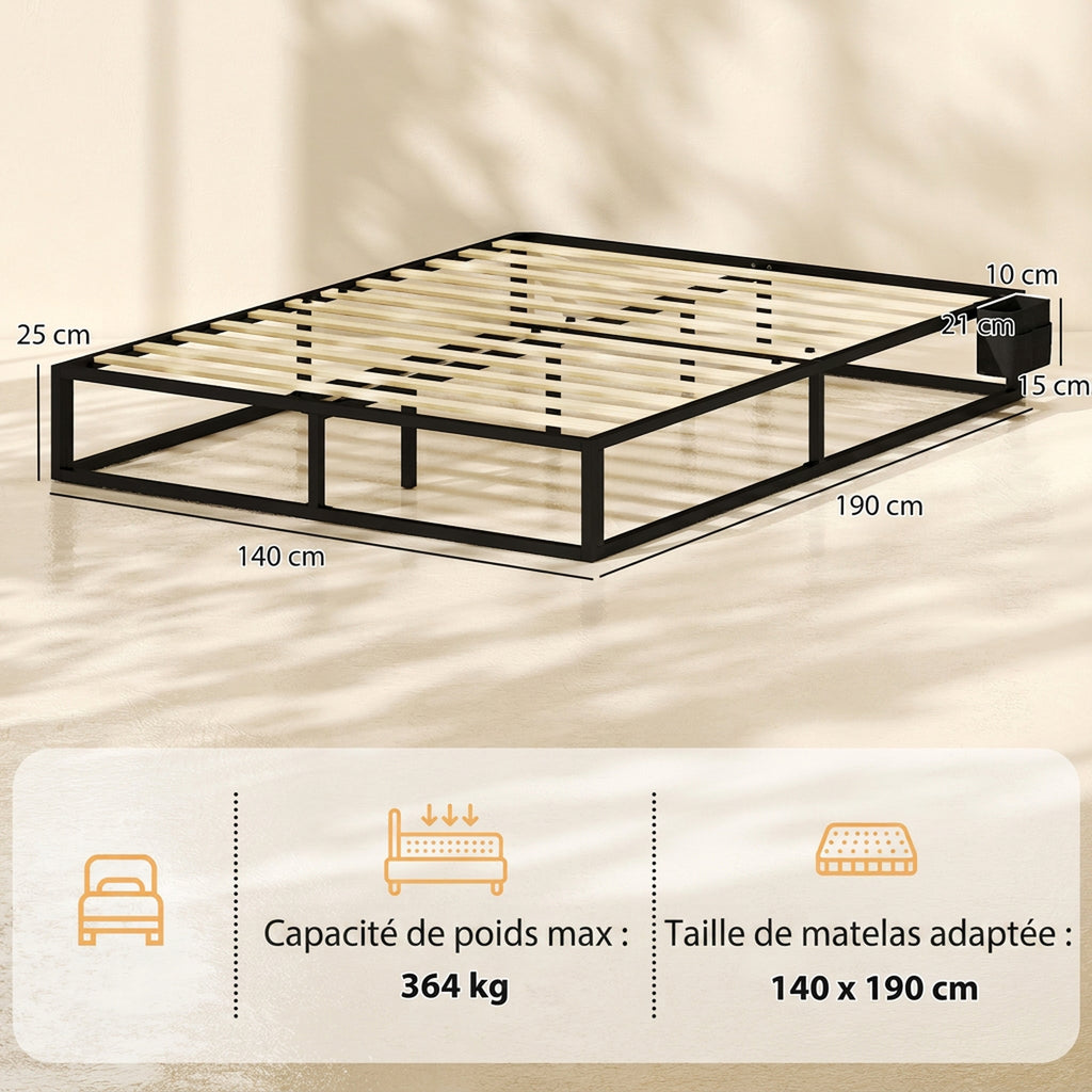 Cadre de Lit 140 x 190 cm avec Sommier, Lit Double avec Pochette de Rangement, Support à Lattes en Bois, Noir