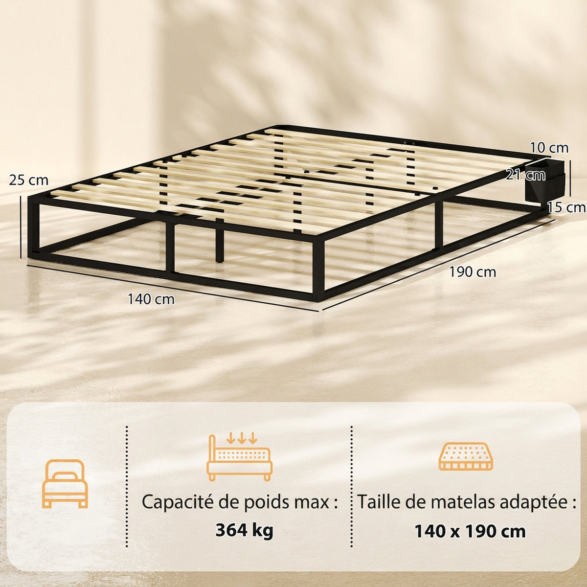 Cadre de Lit 140 x 190 cm avec Sommier, Lit Double avec Pochette de Rangement, Support à Lattes en Bois, Noir