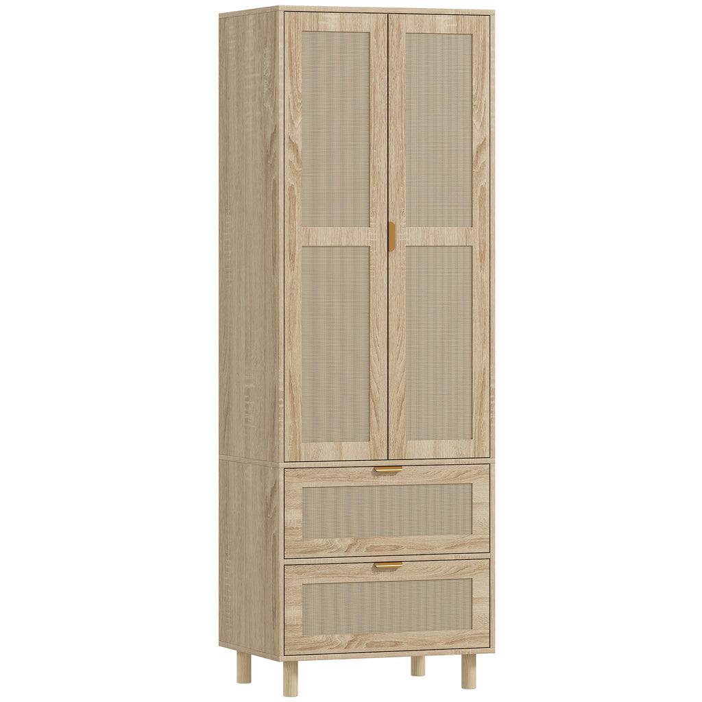 Armoire chambre penderie avec 2 portes en rotin, 2 tiroirs et barre de suspension, 63 x 47 x 185 cm, bois naturel