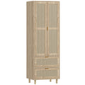 Armoire chambre penderie avec 2 portes en rotin, 2 tiroirs et barre de suspension, 63 x 47 x 185 cm, bois naturel