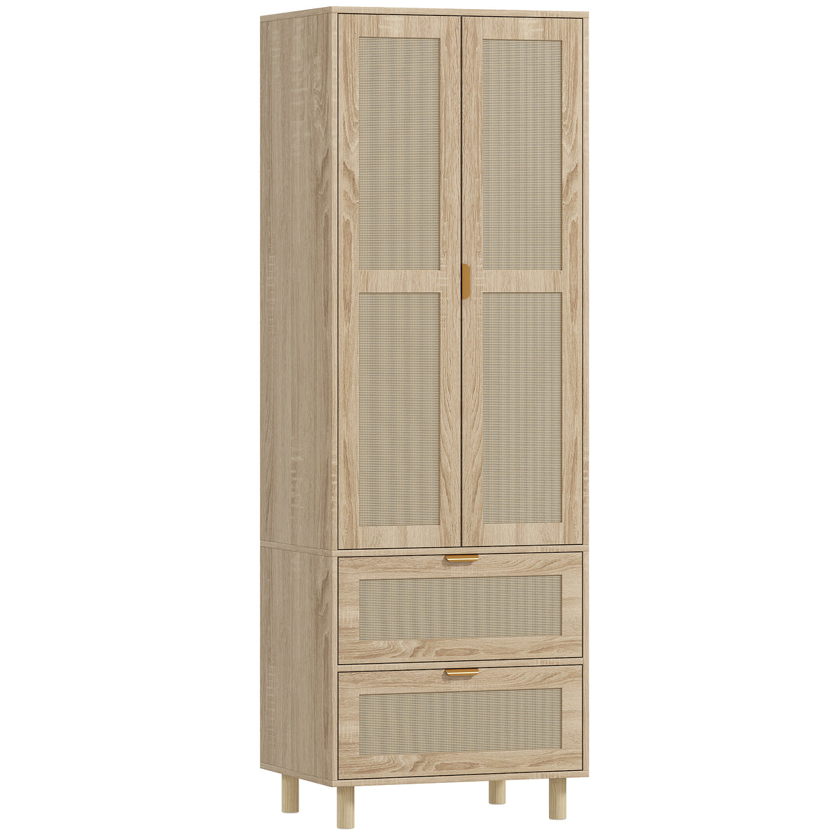 Armoire chambre penderie avec 2 portes en rotin, 2 tiroirs et barre de suspension, 63 x 47 x 185 cm, bois naturel