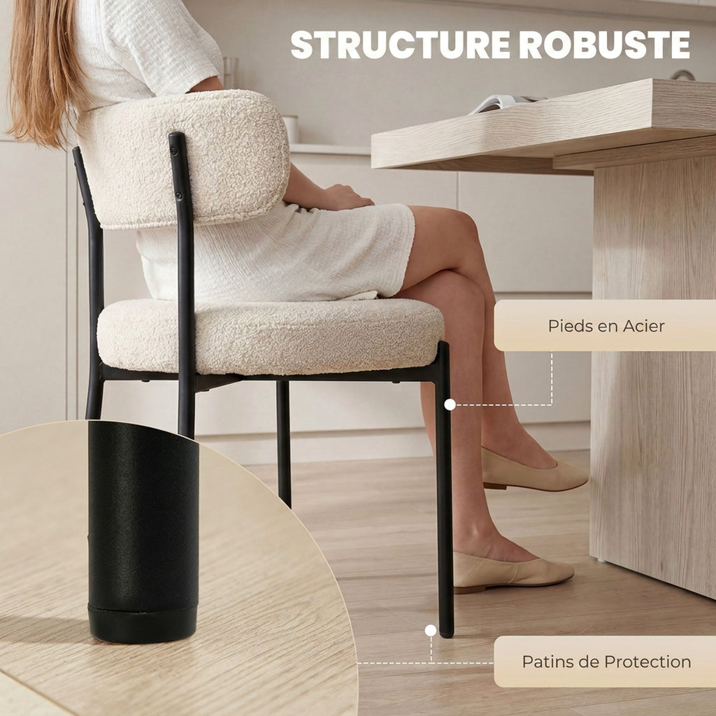 Lot de 4 Chaises Salle à Manger Chaises de Cuisine Rembourrées en Tissu Bouclette Dossier Incurvé Pieds en Acier Beige