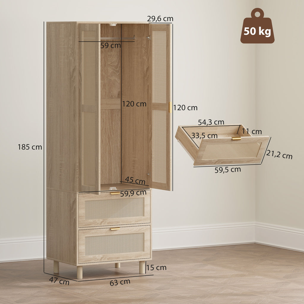 Armoire chambre penderie avec 2 portes en rotin, 2 tiroirs et barre de suspension, 63 x 47 x 185 cm, bois naturel