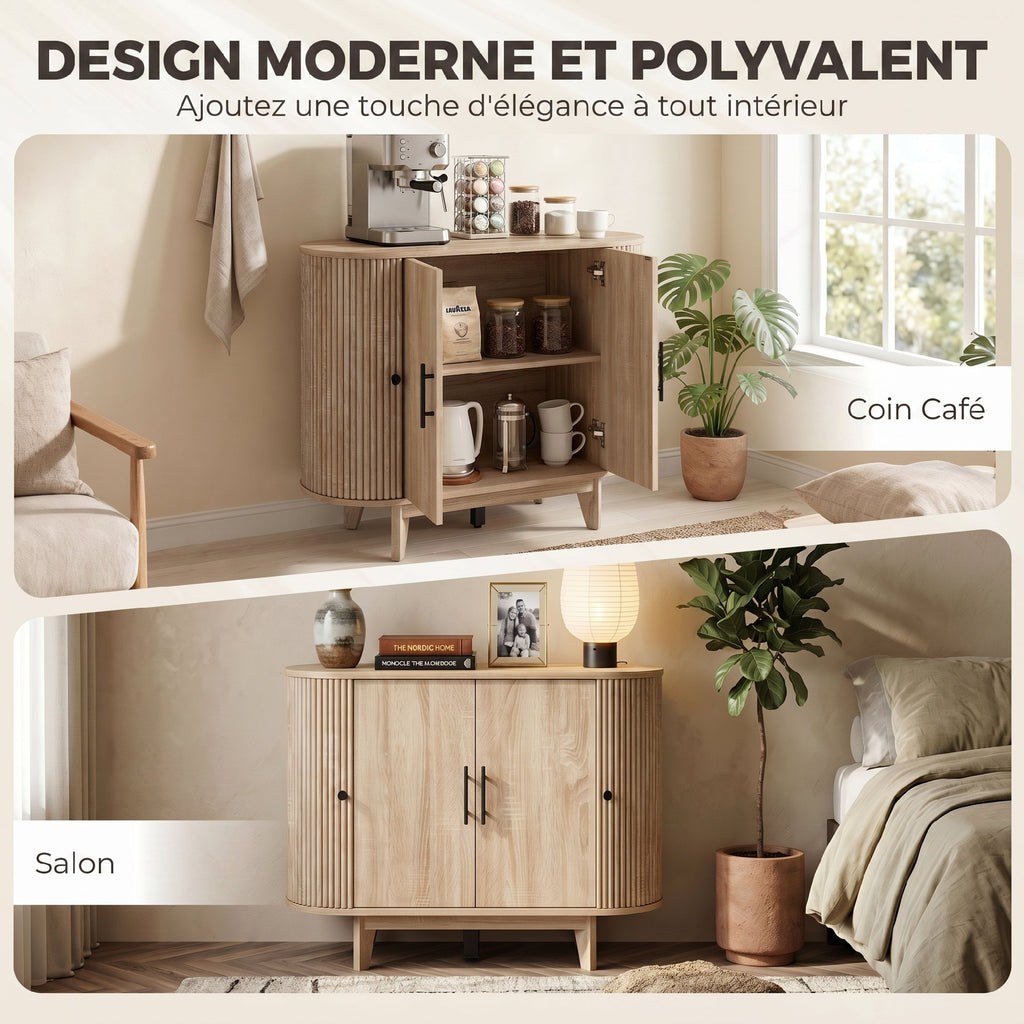 Buffet salon, meuble de rangement ovale avec 4 portes et étagère réglable, 90 x 40 x 76 cm, chêne