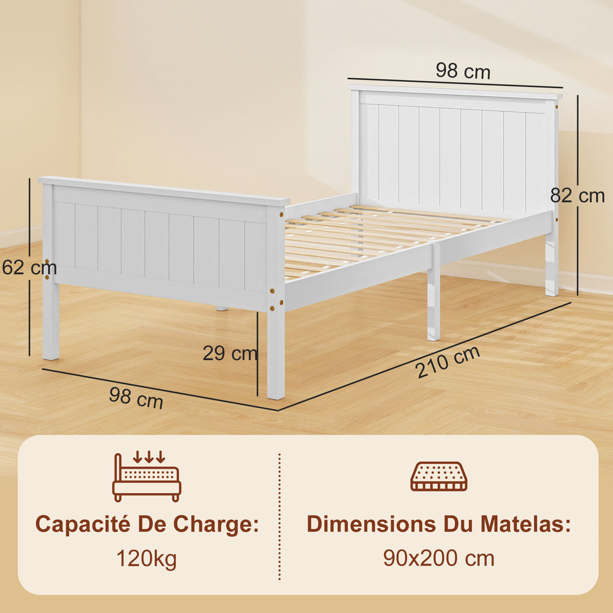 Cadre de lit 90 x 200 cm, lit simple en bois massif avec sommier à lattes tête et pied inclus, assemblage facile, blanc