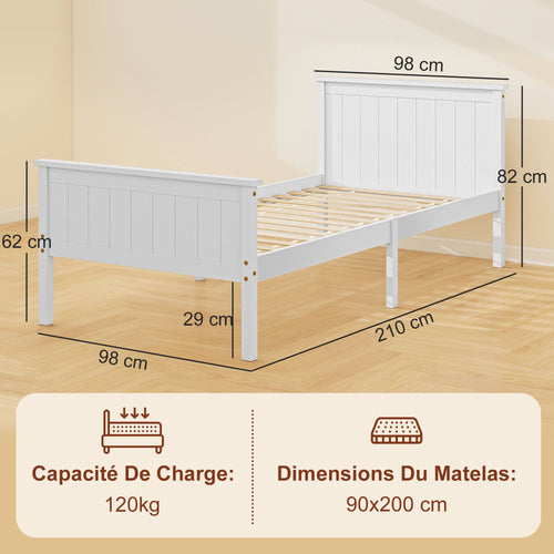 Cadre de lit 90 x 200 cm, lit simple en bois massif avec sommier à lattes tête et pied inclus, assemblage facile, blanc