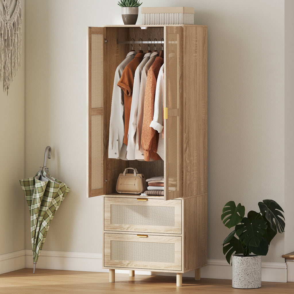 Armoire chambre penderie avec 2 portes en rotin, 2 tiroirs et barre de suspension, 63 x 47 x 185 cm, bois naturel