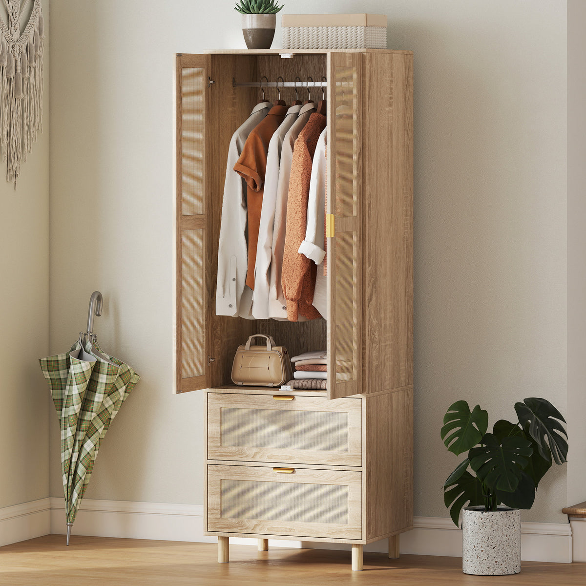 Armoire chambre penderie avec 2 portes en rotin, 2 tiroirs et barre de suspension, 63 x 47 x 185 cm, bois naturel