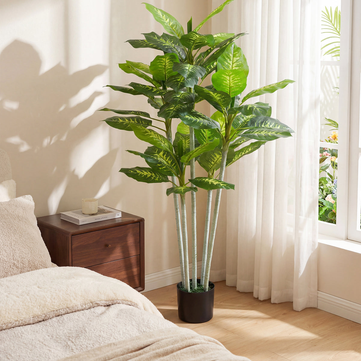 Plante artificielle calathea hauteur 150 cm pot ciment 53 feuilles - intérieur