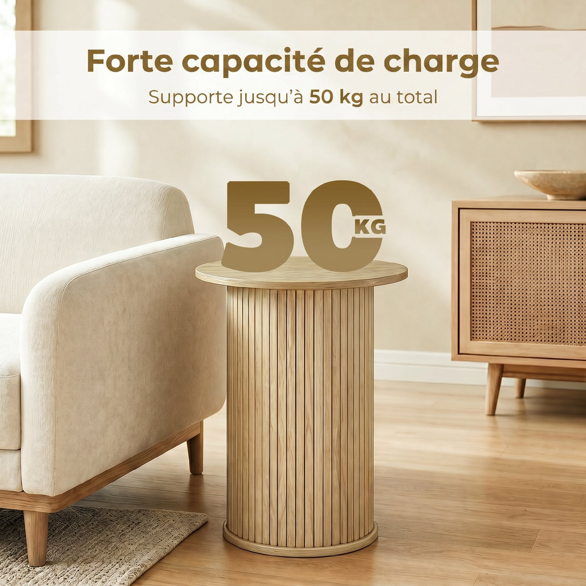 Table d'appoint ronde Ø 48 cm, table basse avec pieds cannelés pour salon, chambre ou petit espace, chêne