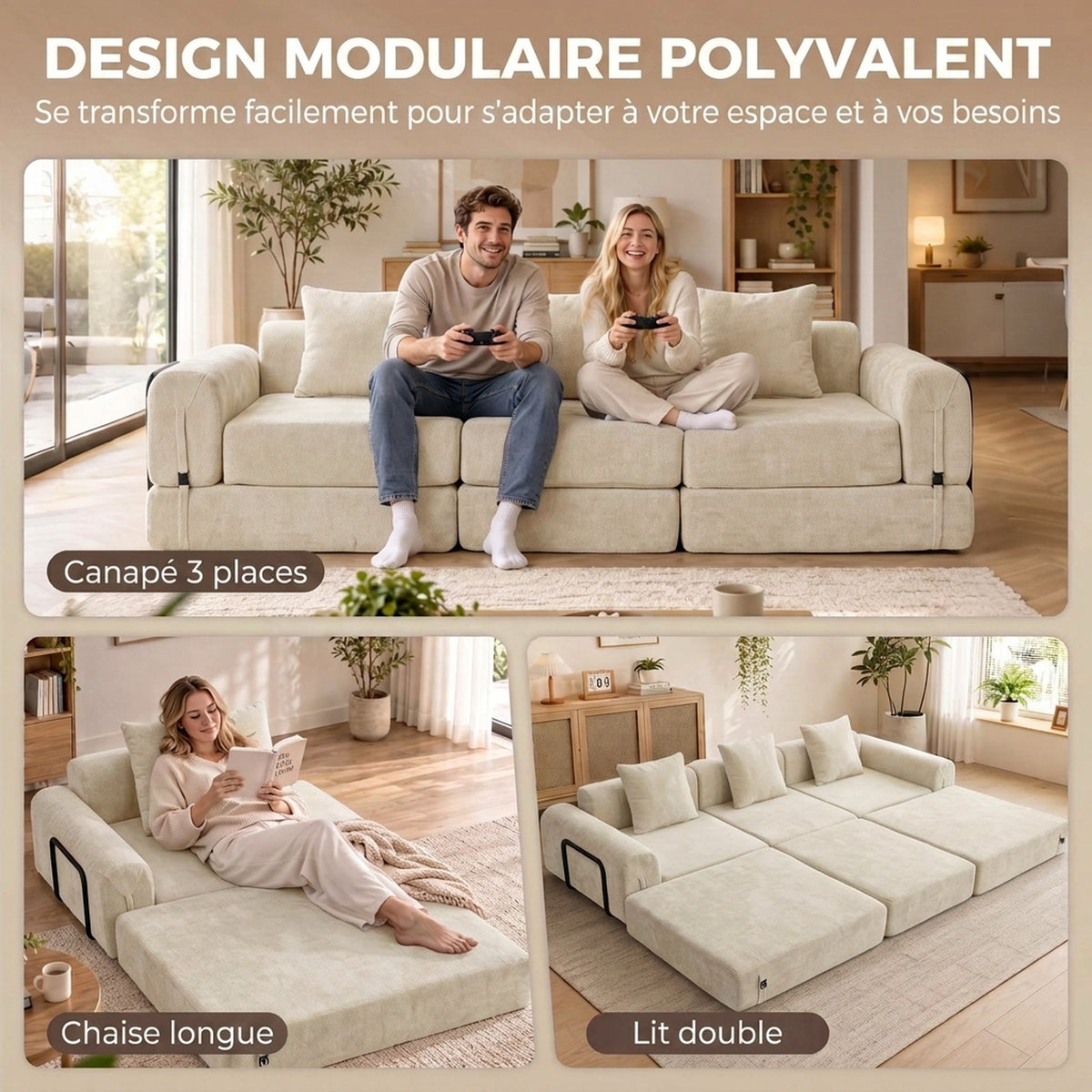 Canapé-Lit Pliable 245 cm, Canapé Compressé 3 Places Modulaire en Chenille avec Assise large, 3 Coussins, Beige