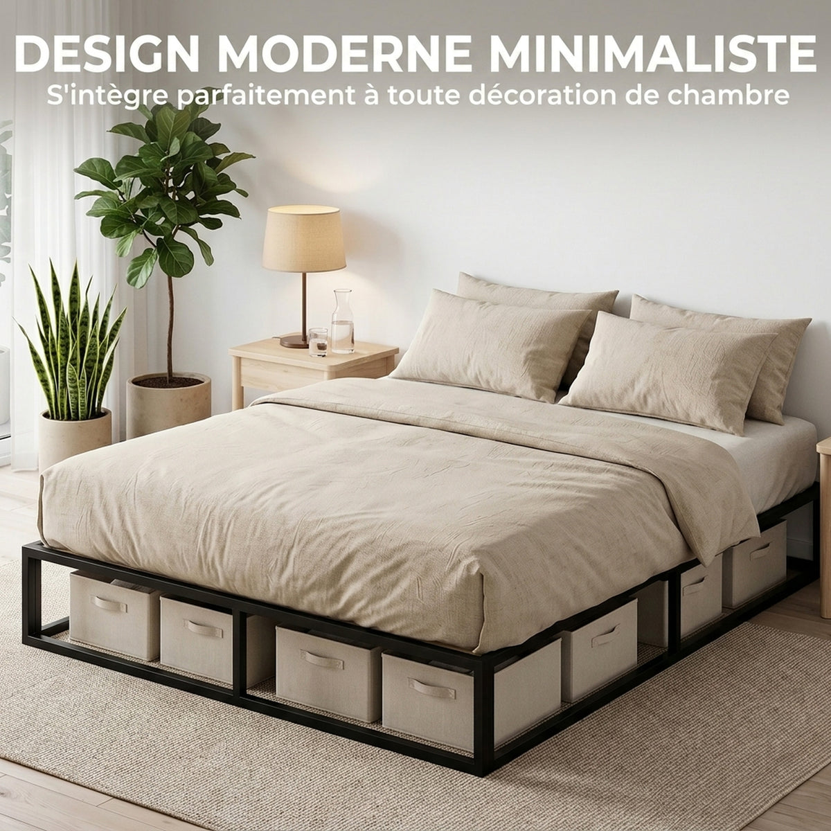 Cadre de Lit 140 x 190 cm avec Sommier, Lit Double avec Pochette de Rangement, Support à Lattes en Bois, Noir