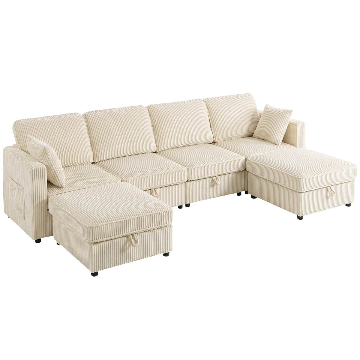 Canapé 4 Places avec 2 Poufs de Rangement, Canapé d'Angle Modulable en U 306 cm en Velours Côtelé, 4 Coussins, Crème