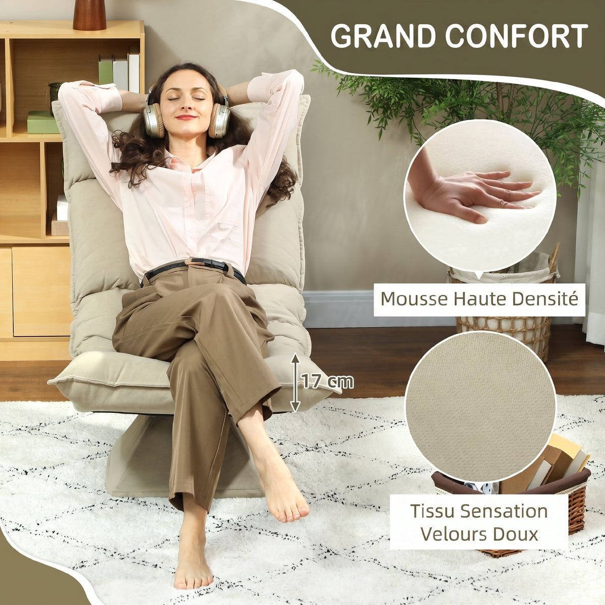 Chaise de sol pivotante à 360°, fauteuil pliable en velours avec dossier réglable 5 positions, 70x62x95cm, beige