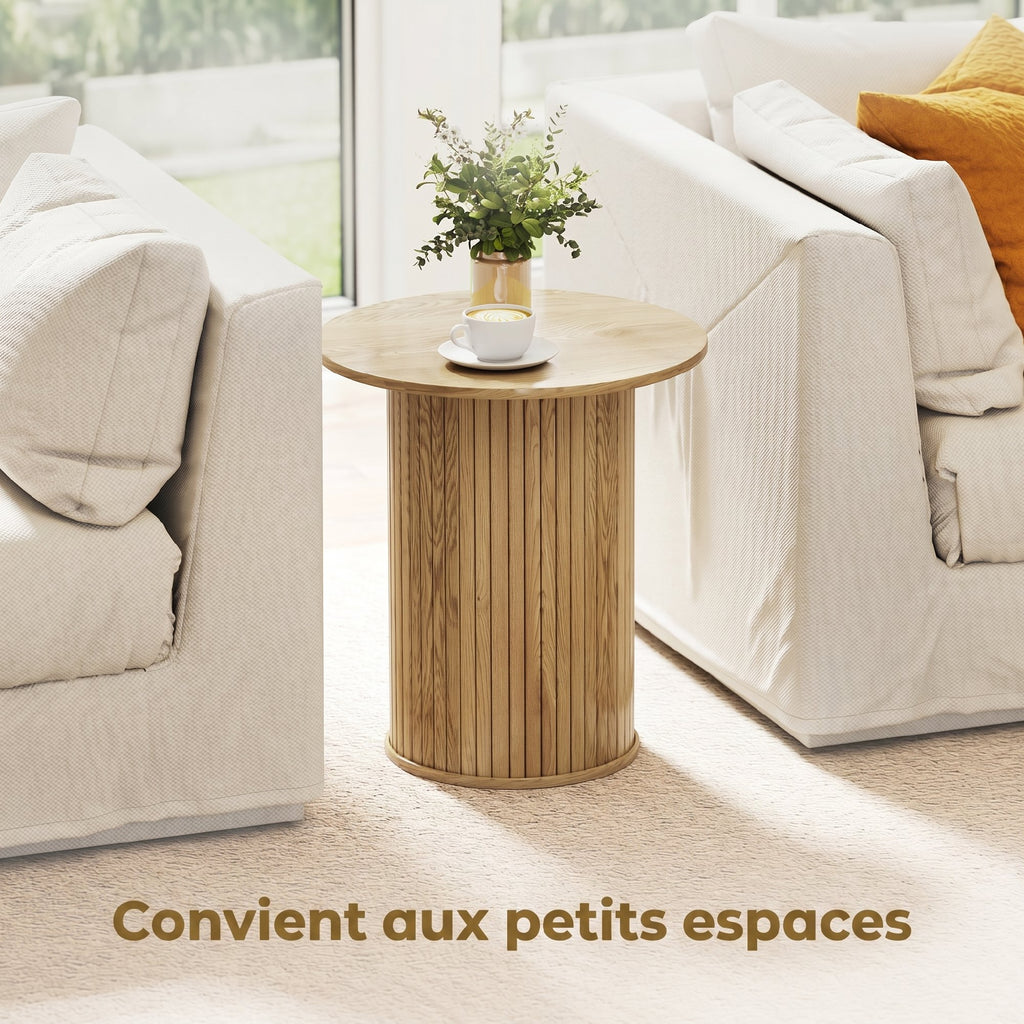 Table d'appoint ronde Ø 48 cm, table basse avec pieds cannelés pour salon, chambre ou petit espace, chêne