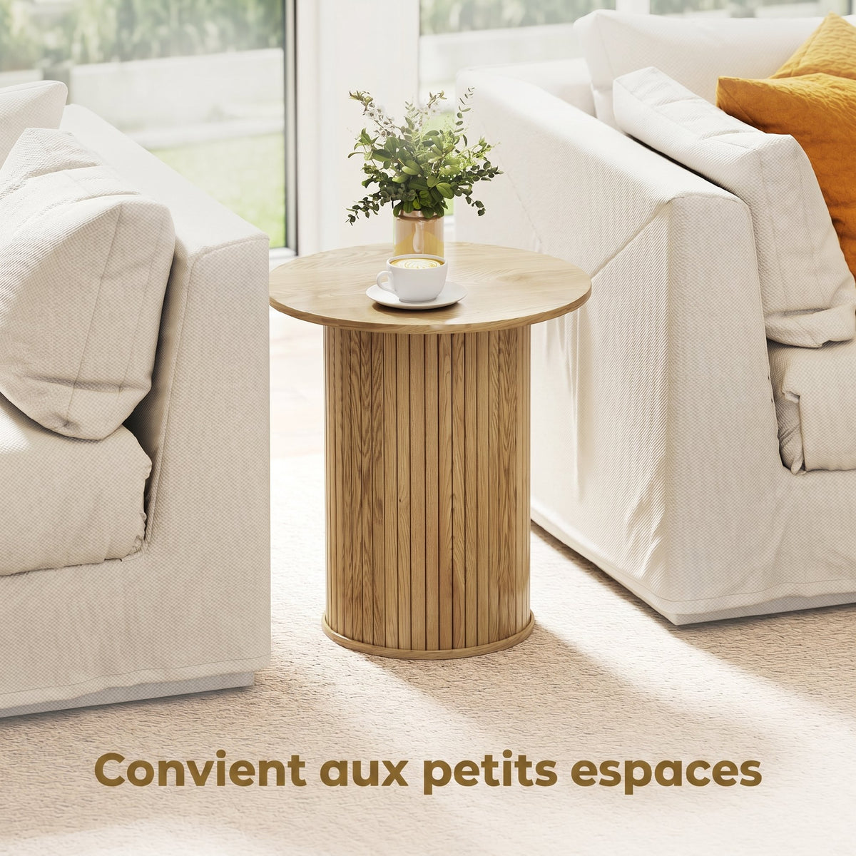 Table d'appoint ronde Ø 48 cm, table basse avec pieds cannelés pour salon, chambre ou petit espace, chêne
