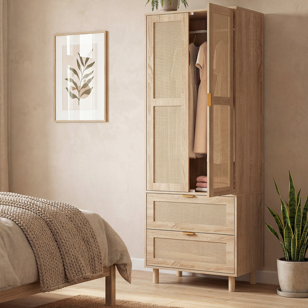 Armoire chambre penderie avec 2 portes en rotin, 2 tiroirs et barre de suspension, 63 x 47 x 185 cm, bois naturel