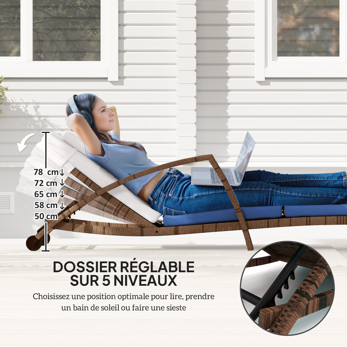 Bain de soleil, chaise longue en résine tressée avec dossier réglable, roulettes, coussin et accoudoirs, marron et beige